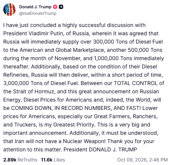 libsoftiktok's tweet photo. BREAKING: President Trump just announced that he has made a deal with Russian President Vladimir Putin to immediately supply 300,000 tons of diesel fuel to the United States.  

An additional 3+ million tons of diesel will arrive in the months following. https://t.co/6GfXfeUCEY