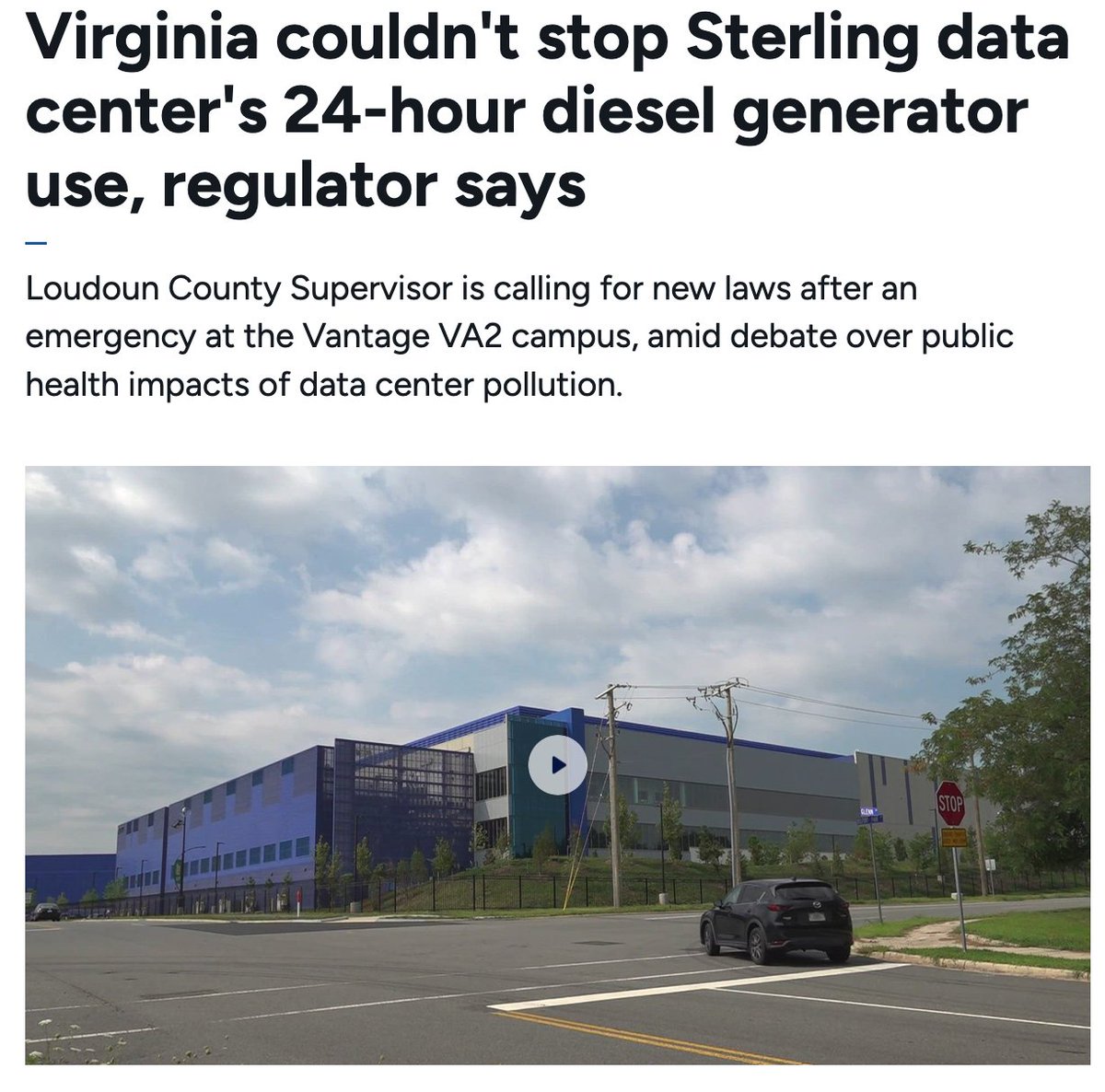 GoodJobsFirst's tweet photo. "189 of Virginia's 197 data center air permits were issued with no public notice or hearing required, even though each can allow a facility to emit up to 100 tons of a single pollutant per year from burning diesel or natural gas; 91 of those ... permits are in Loudoun County." https://t.co/QX6LyzIu9L