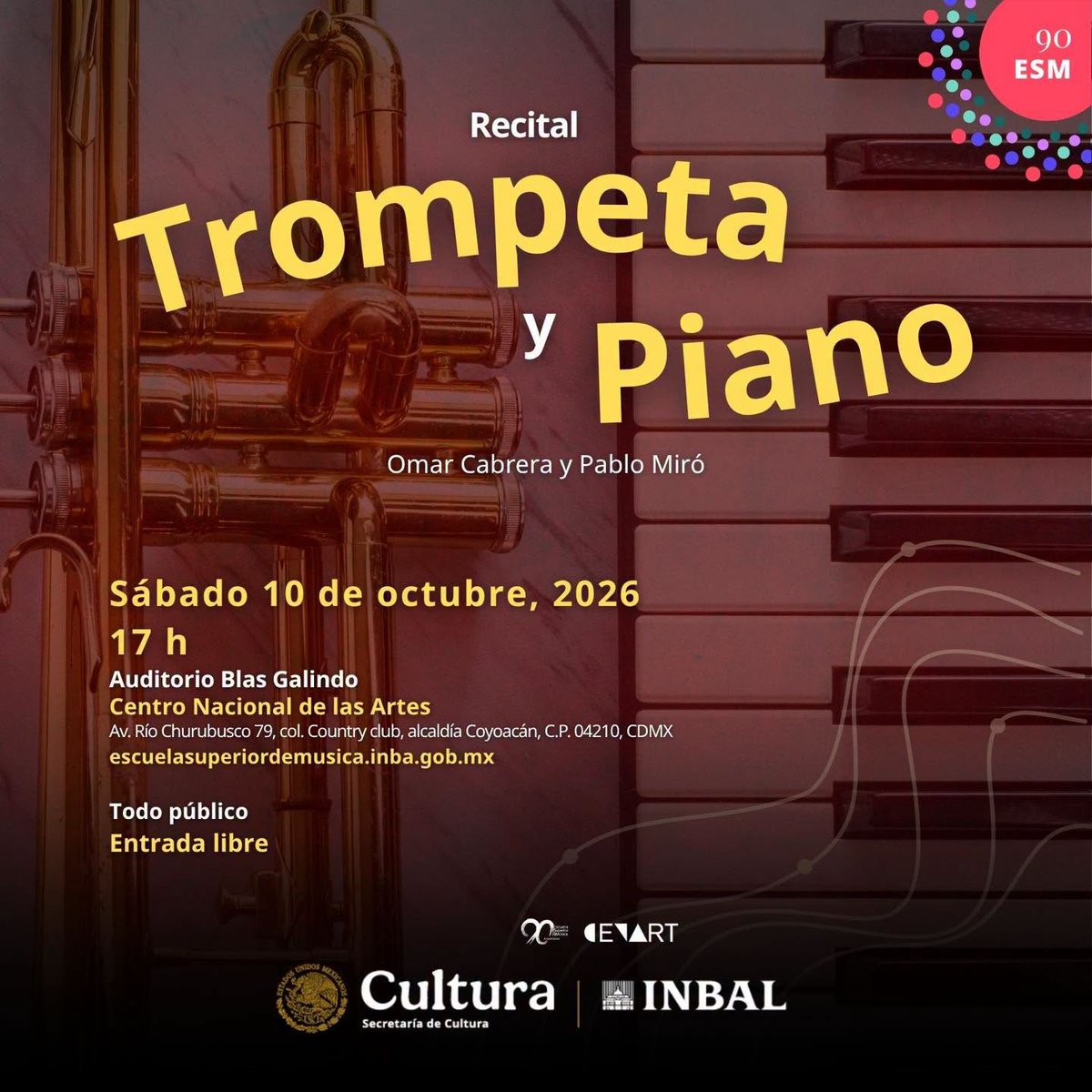 pablomirocortez's tweet photo. Sábado 10/10/2026 - 17:00 horas
Auditorio Blas Galindo
🎭Centro Nacional de la Artes
🏙️Ciudad de México
🎫ENTRADA LIBRE
Omar Cabrera, trompeta🎺
Pablo Miró, piano 🎹

Con obras de Joseph Ropartz, Eugène Bozza, Guillaume Balay, George Enescu y Karl Pilss.
#chambermusic #CDMX https://t.co/Kf7G5ySfFc