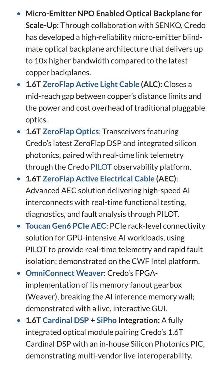 SanCompounding's tweet photo. $CRDO at #OCPSummit2026 is showing it’s no longer just a copper-cable story. 

🚨New launches include 

✅ 1.6T ZeroFlap Optics with in-house silicon photonics

✅ 1.6T Active Light Cable bridging copper’s reach limits and pluggable optics’ cost

✅ A micro-emitter optical backplane with up to 10x copper bandwidth and 

✅ Cardinal DSP + SiPho fully integrated modules.

Optics as a share of revenue:

Optics should be roughly 24–25% of FY27 (ending Jan 2027) revenue. 

$600 million in optical revenue in fiscal 2027 and with that ramp Crefo’s total revenue will grow >> than 85% from fiscal 2026.  
FY26 revenue was $1.335 billion. so FY27 comes to about $2.47B and $600M of that is about 24% <ZeroFlap offerings, silicon photonic PICs and optical DSPs>