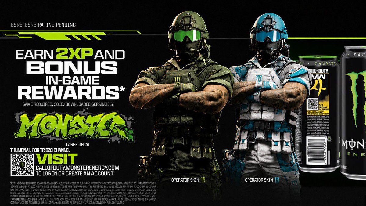 CODMW4Store's tweet photo. Get your hands on the Modern Warfare 4 Monster Energy Rewards NOW! 💚

Get the set: https://t.co/0EiK7YxfvO https://t.co/3roH3LwMmT