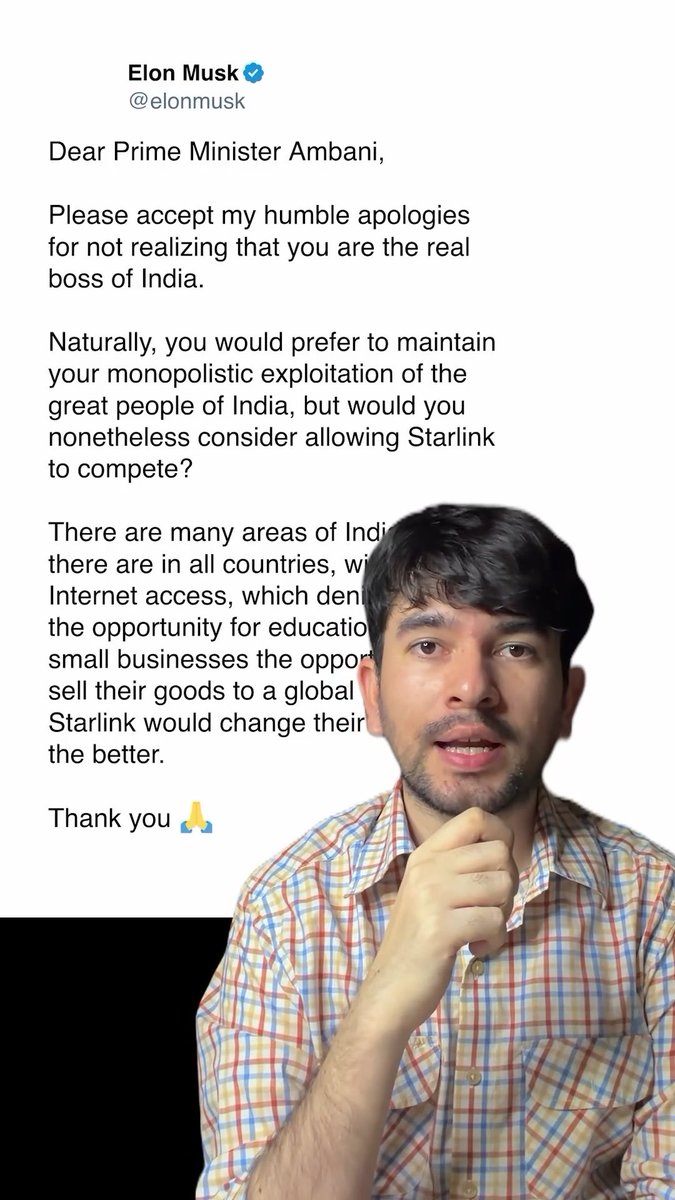 A person in a plaid shirt appears to be reading a tweet from Elon Musk addressed to 'Prime Minister Ambani' regarding Starlink's competition in India, with parts of the text covered by the speaker's image.