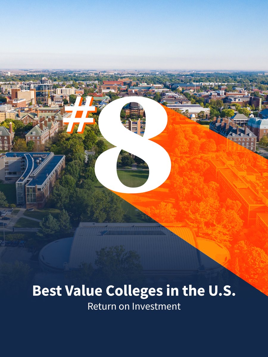 UofIllinois's tweet photo. A degree that goes the distance. 🧡💙

The Princeton Review named #ILLINOIS a 2027 Best Value College, ranking us No. 8 for return on investment, No. 5 among public universities for value without financial aid, and No. 6 for career placement. 🙌 https://t.co/h5HCWhl0WZ