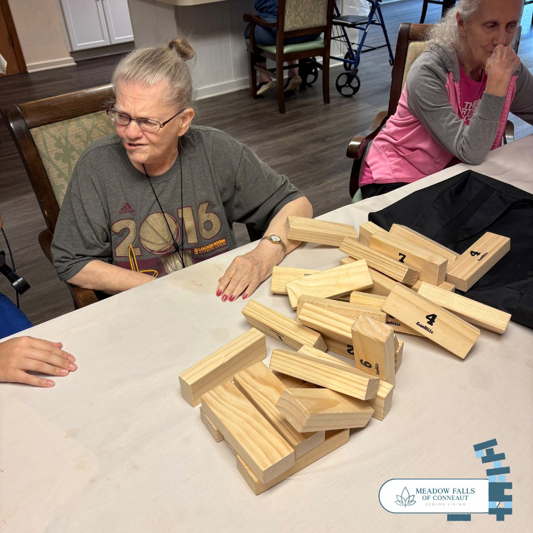 MeadowConneaut's tweet photo. 🧱😅 One block at a time! Jenga put our steady hands and concentration to the test. Every move brought more suspense as we tried to keep the tower standing! 
#JengaGame #MeadowFallsofConneaut https://t.co/KuRNUJvLew