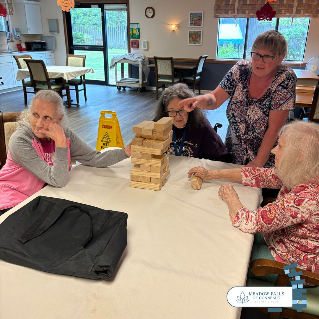 MeadowConneaut's tweet photo. 🧱😅 One block at a time! Jenga put our steady hands and concentration to the test. Every move brought more suspense as we tried to keep the tower standing! 
#JengaGame #MeadowFallsofConneaut https://t.co/KuRNUJvLew