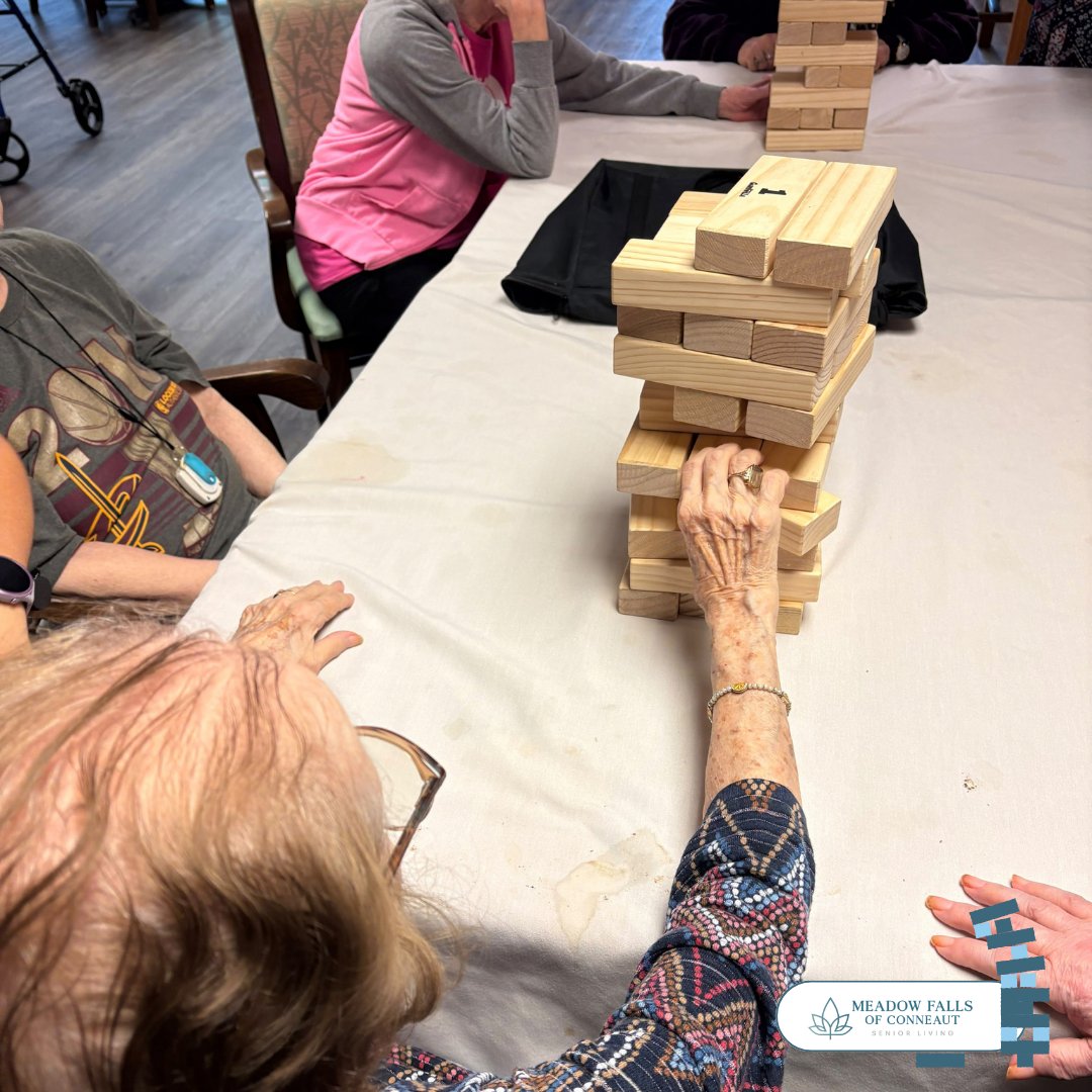MeadowConneaut's tweet photo. 🧱😅 One block at a time! Jenga put our steady hands and concentration to the test. Every move brought more suspense as we tried to keep the tower standing! 
#JengaGame #MeadowFallsofConneaut https://t.co/KuRNUJvLew