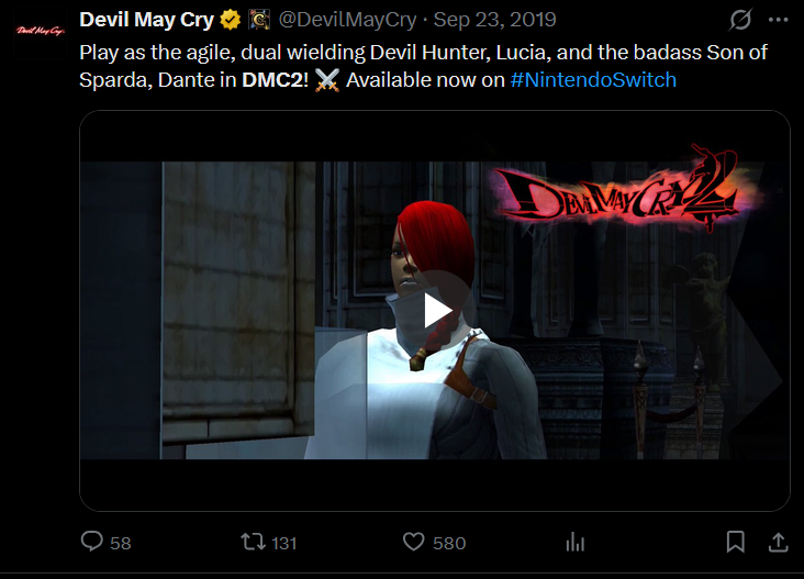 MagicMushMM's tweet photo. Remember when Capcom tore the $30 DMC HD Collection into pieces to sell it back to Switch owners for $20 each

Then the poor intern running the DMC account had to desperately come up with ways to sell Devil May Cry 2, a game they know isn't good, the results are comedy gold https://t.co/eqoaamvb8M