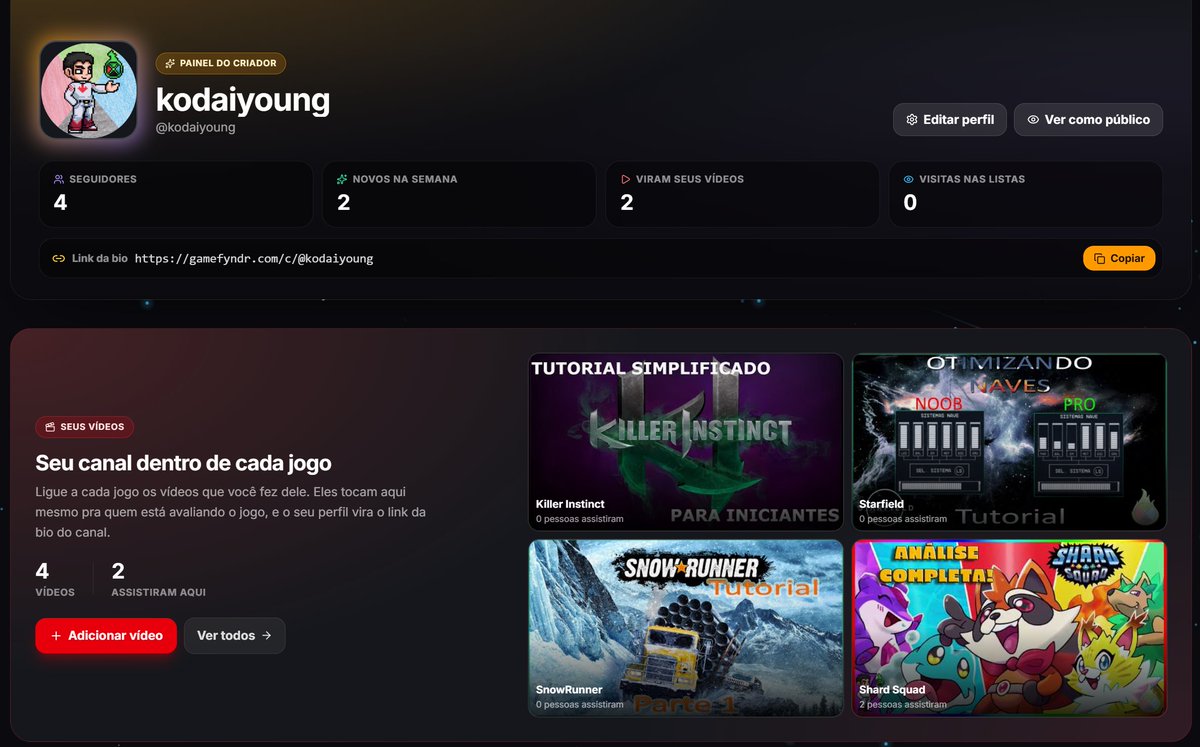 KodaiYoung's tweet photo. Pra você que é criador de conteúdo, o @gamefyndr tem um perfil dedicado onde além fe você poder linkar todas as suas redes sociais, você também pode vincular seu conteúdo produzido ao card de um jogo e quando o usuário for buscar informações sobre ele ou avaliar, a plataforma sugere conteúdos dos criadores. Experimente! Crie sua conta hoje e comece a montar o seu perfil gamer. Link a seguir.