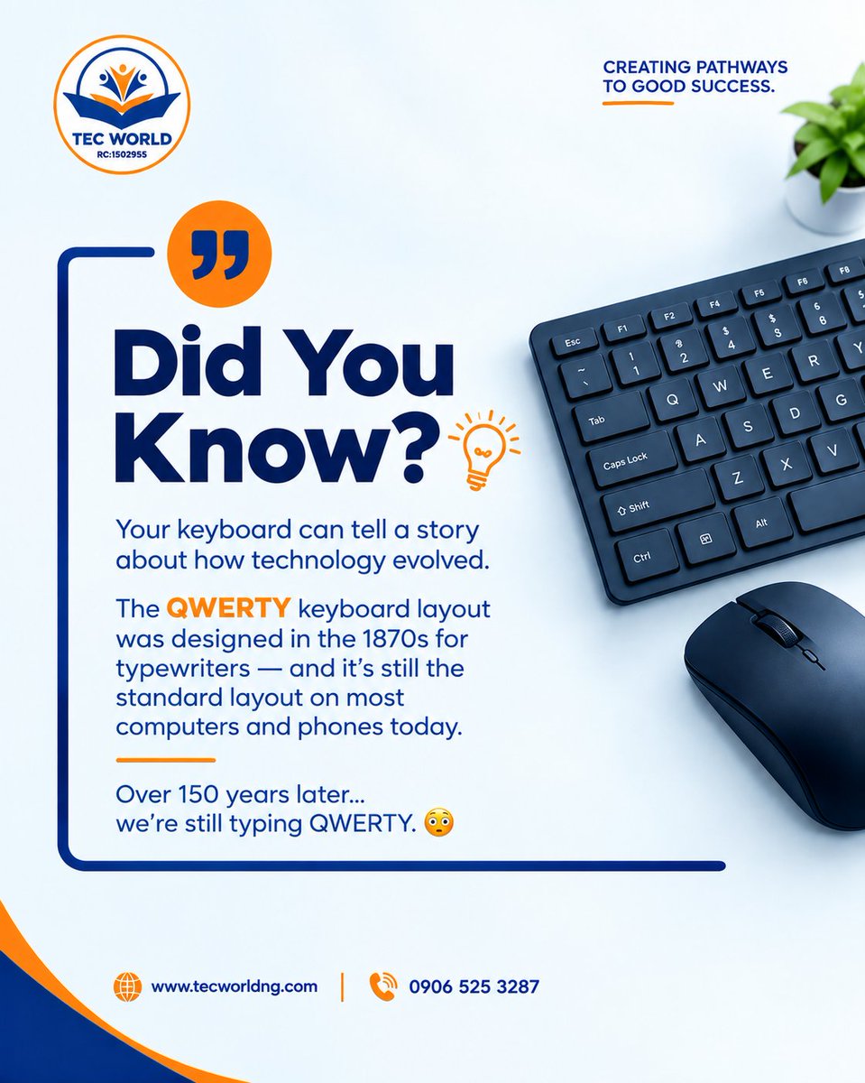 TECworldng's tweet photo. ⌨️ DID YOU KNOW?
The QWERTY keyboard layout has been around since the 1870s—and over 150 years later, we’re still using it every day!

What other tech facts should we explore?
#TECWorld #DidYouKnow #TechFacts #Technology #TechTalk https://t.co/0AQRNtlLm5