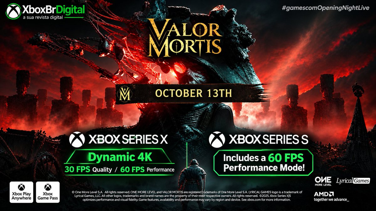 XboxBrDigital's tweet photo. ⚔️💂🏻‍♂️ FÃS DE VALOR MORTIS, PREPAREM-SE PARA A BATALHA!

A escuridão está chegando, e Valor Mortis* promete mergulhar os jogadores em uma jornada sombria e brutal! 💀🩸

🎮 No Xbox Series X, prepare-se para encarar esse mundo com **Dynamic 4K**, escolhendo entre 30 FPS no modo Qualidade ou 60 FPS no modo Desempenho.

💚 No Xbox Series S, a batalha também ganha um modo de desempenho a 60 FPS!

Agora queremos saber, guerreiros: 👇

🤔 Vocês vão jogar Valor Mortis no Xbox Series X ou Series S?**

Deixem nos comentários e marquem aquele amigo que vai encarar essa jornada sombria com vocês!

🎮 Xbox Series X|S • Xbox PC • Xbox Cloud • Gamepass.

💚 #XboxBrDigital — a sua revista digital.📰🗞️📱🖥️

#ValorMortis #Xbox #XboxSeriesX #XboxSeriesS #XboxBrDigital #Gaming #XboxGamePass