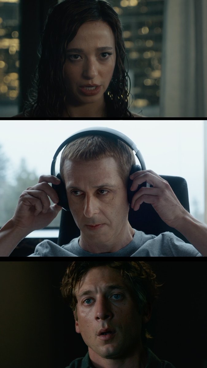 Three stacked film stills showing intense close-ups of three different characters' faces: a young woman in a dark setting, a man wearing headphones in an office, and a young man in low lighting.