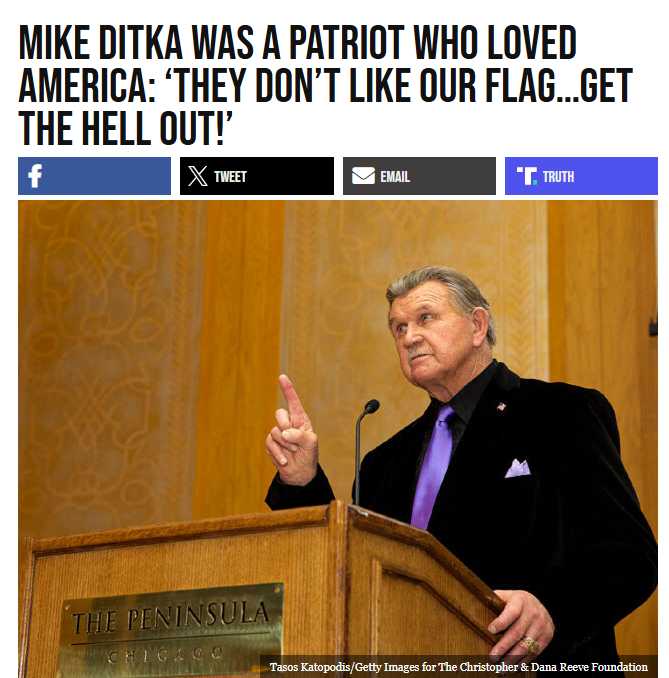 RYboating's tweet photo. When Colin Kaepernick started acting like an ass, Mike Ditka had this to say.

“I have no respect for Colin Kaepernick.."

“I think it’s a problem … anybody who disrespects this country and the flag,” Ditka said. “If they don’t like the country, they don’t like our flag … get the hell out. That’s what I think.”

My 1st cousin Bob Lilly #74, played for the Cowboys (14 seasons) during the same time Ditka did. They both started playing in the early 60s when I was just a little girl.

I grew up watching NFL and had huge respect for Ditka.

What a legend!