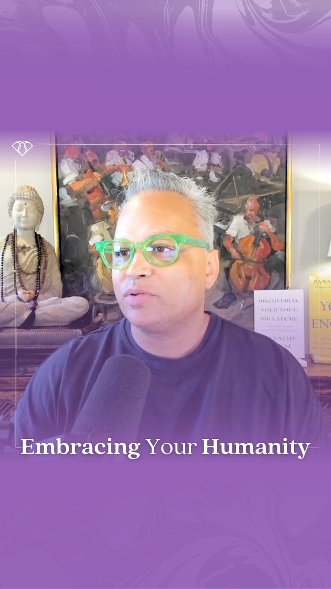 A podcast or video thumbnail featuring a man with grey hair and green glasses, with the title 'Embracing Your Humanity' at the bottom, set against a purple background with a Buddha statue and books visible behind him.