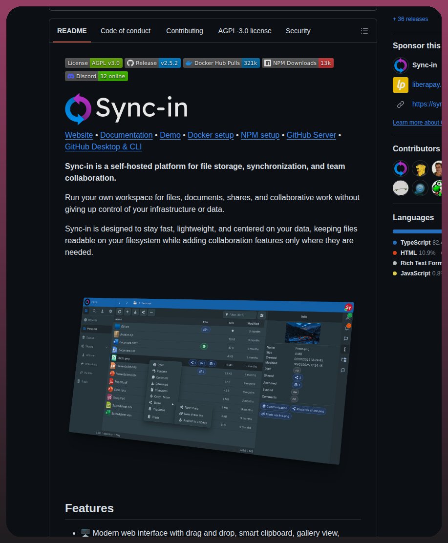 tom_doerr's tweet photo. Runs a self-hosted workspace for file storage, synchronization, and team collaboration.

https://t.co/PbJD0zatOb https://t.co/l2oMzhNXux