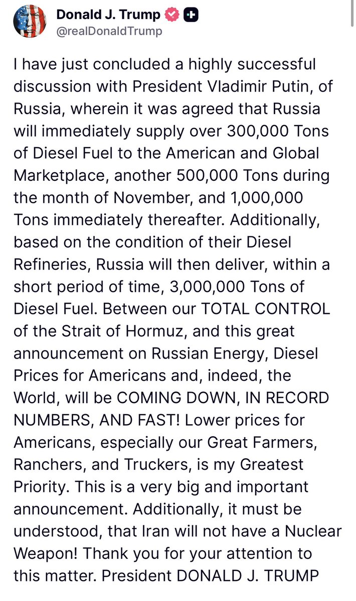 Latlantista's tweet photo. Nessuno crede nelle raffinerie dei nazisti russi come ci crede l’attuale presidente USA testa di cazzo, che se ne frega degli ucraini ammazzati ogni giorno e vorrebbe comprare il diesel russo perché quello americano è bloccato a causa della guerra che lui stesso ha iniziato.

Se lo prenderà in culo, dal momento che adesso l’obiettivo prioritario dell’Ucraina tornerà a essere le raffinerie: è fuori discussione starsene a guardare mentre i nazisti riempiono le casse per finanziare ulteriore terrorismo.

Tra parentesi: attualmente la Russia non esporta diesel, quindi è probabile che il deficiente americano sia stato banalmente perculato da Putin.