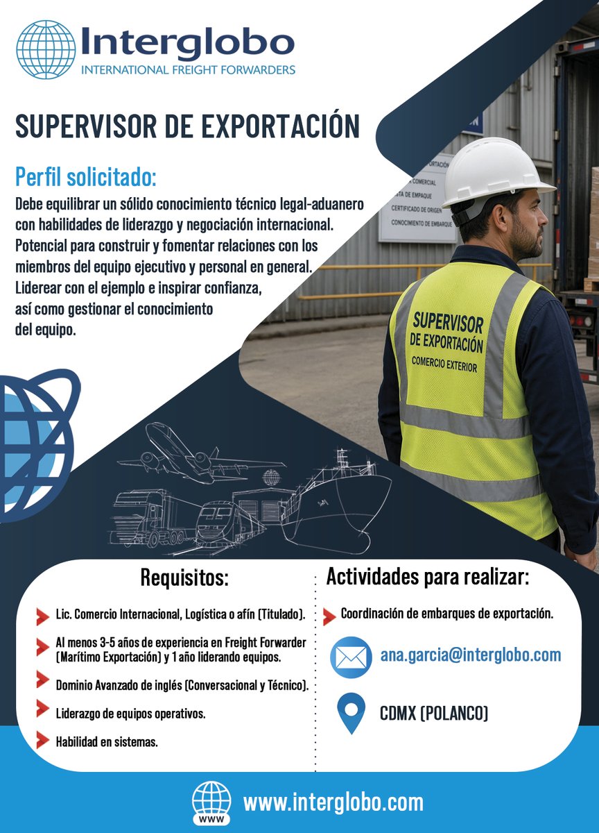 AMACARGA's tweet photo. Nuestro asociado Interglobo se encuentra en la búsqueda de un Supervisor de Exportación para integrarse a su equipo en la Ciudad de México (CDMX).⁣
¿Cumples con el perfil?⁣
📩 Envía tu CV actualizado al correo: ana.garcia@interglobo.com ⁣ https://t.co/qOAfqQPJAE