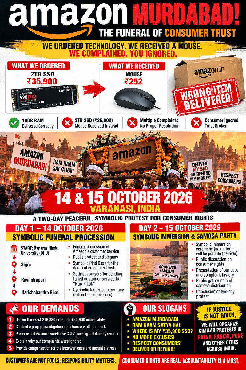 speak_dare's tweet photo. 🚨 Have you also been mistreated by Amazon?

Did their support team repeatedly tell you to “follow this link after 1 hour” instead of solving your problem?

Are you tired of copy-paste replies?

⚰️ Join the conversation! Share your story and FOLLOW ME.

#AmazonIndia #ConsumerRights