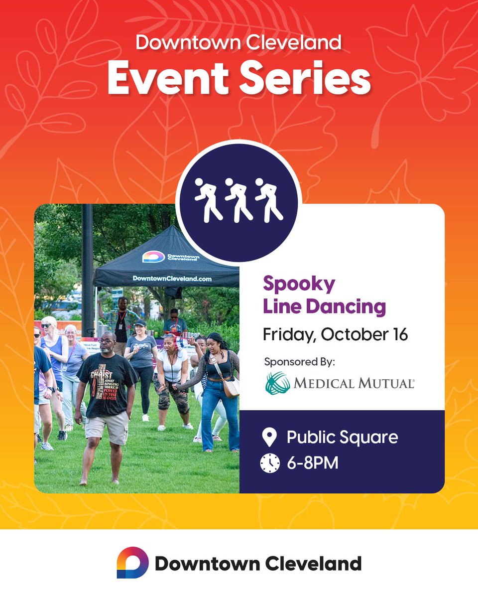 DowntownCLE's tweet photo. Downtown Cleveland’s Public Square Line Dancing series returns for a special Halloween-themed event!💃🎃

Led by the Savvy Tempo Steppers, enjoy free line dancing in the middle of the city, paired with some spooky season songs to keep you dancing and grooving all night long. https://t.co/mhIFjhd84s