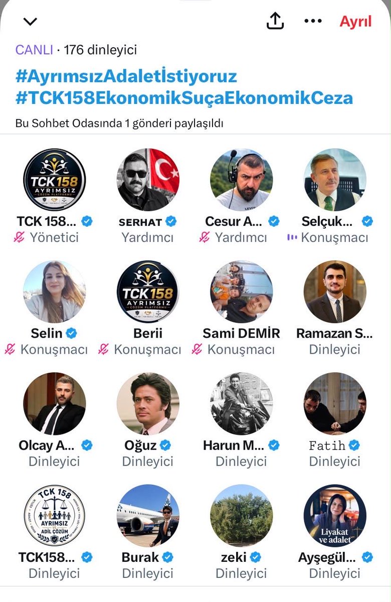 selcukozdag's tweet photo. X sohbet odasında, TCK 158 kapsamında yaşanan mağduriyetleri ve bu mağduriyetlerin giderilmesine yönelik çözüm önerilerini ele aldık.

Yaşanan mağduriyetlerin giderilmesi, hukuki belirsizliklerin ortadan kaldırılması ve adil çözümlerin hayata geçirilmesi büyük önem taşıyor.

Katkı sunan, görüş ve önerilerini paylaşan herkese teşekkür ediyorum.