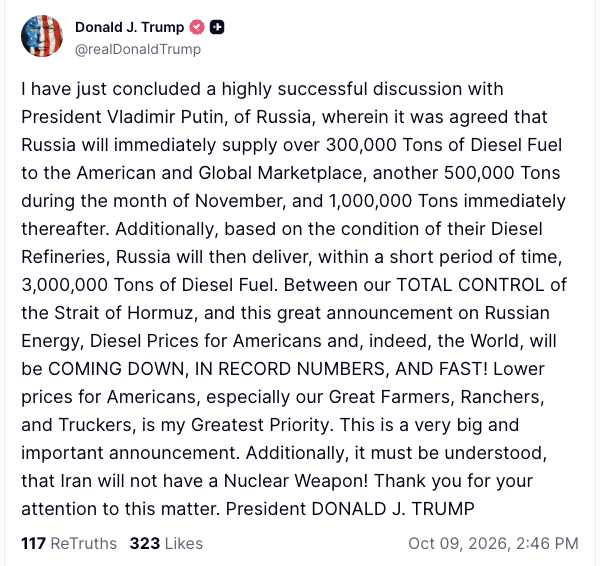 oscoopie1's tweet photo. Worst afternoon in a long time, @SecRubio . Look at what your boss just did! Signed an agreement with Putler for the US to buy diesel fuel. What a total betrayal of Ukraine. God will not look favorably upon us. https://t.co/G6KtsGEYVx