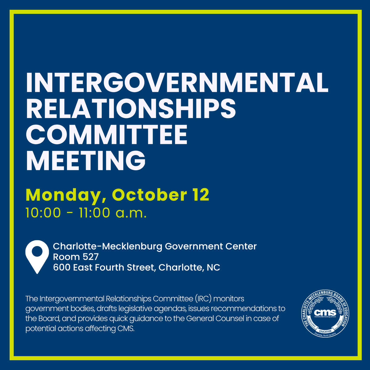 CMSboard's tweet photo. Join us for next week’s Board meetings: Intergovernmental Relations Committee on Monday and our regular Board Meeting on Tuesday. Agendas are available on our website. https://t.co/atTrRqsuPk