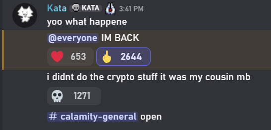 kosmikanni's tweet photo. CALAMITY SERVER GOT HACKED BY CRYPTO MEMECOIN SCAMMERS https://t.co/7pBamR2LgP