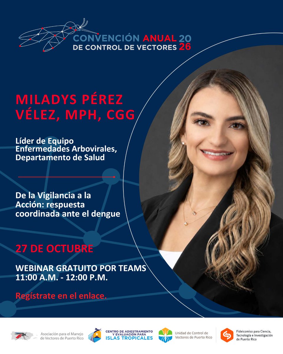PRVectorControl's tweet photo. Como continuación de nuestra Convención Anual de Control de Vectores 2026, el martes 27 de octubre, de 11:00 a.m. a 12:00 p.m., tendremos dos charlas en un webinar gratuito por Teams.

Regístrate aquí: https://t.co/DNXYyYS3q3

Un programa de @prsciencetrust1. https://t.co/Swrorzfbrd