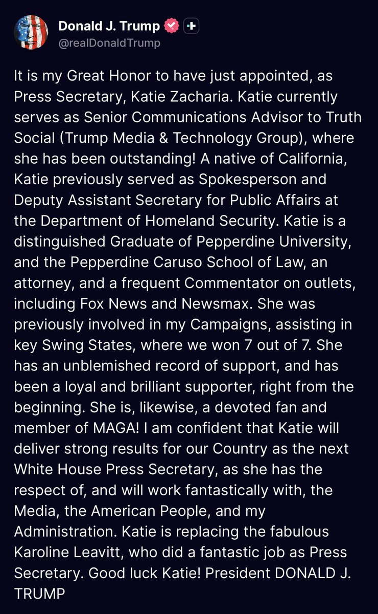 nicksortor's tweet photo. 🚨 BREAKING — IT’S OFFICIAL: President Trump confirms he’s appointed KATIE ZACHARIA as White House Press Secretary

This is freaking AWESOME! 🔥

“She has an unblemished record of support, and has been a loyal and brilliant supporter, right from the beginning. She is, likewise, a devoted fan and member of MAGA! I am confident that Katie will deliver strong results for our Country as the next White House Press Secretary, as she has the respect of, and will work fantastically with, the Media, the American People, and my Administration.”