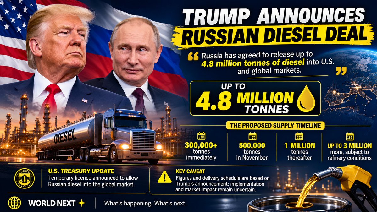 WorldNextHQ's tweet photo. 🚨 TRUMP ANNOUNCES DIESEL DEAL WITH PUTIN

U.S. President Donald Trump says Russia has agreed to release up to 4.8 million tonnes of diesel into U.S. and global markets, aiming to ease rising fuel prices.

🇷🇺 The proposed supply includes:
• 300,000+ tonnes immediately
• 500,000 tonnes in November
• 1 million tonnes thereafter
• A further 3 million tonnes, subject to refinery conditions

The U.S. Treasury has announced a temporary licence to allow Russian diesel into the global market. The full delivery schedule and implementation remain key questions.

#Trump #Putin #Russia #Energy #Geopolitics