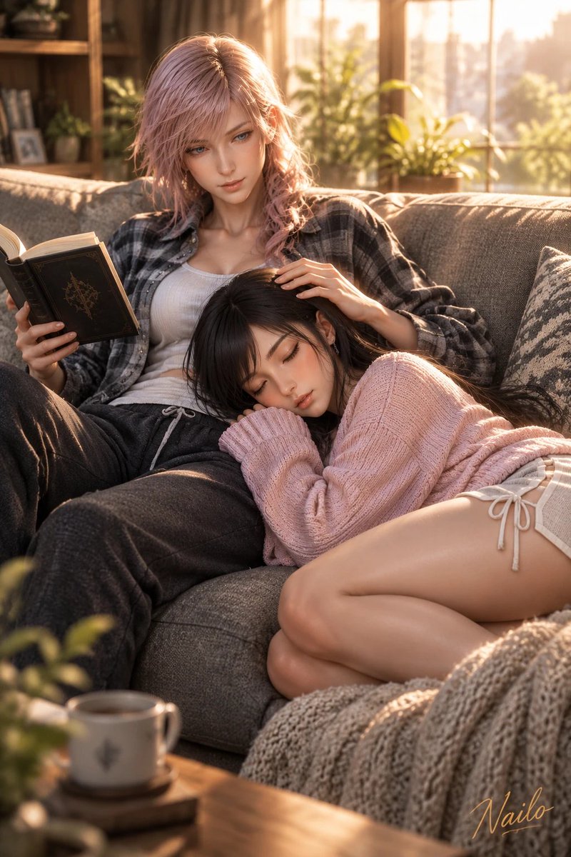 RedWing_90's tweet photo. Finding peace in the warmest embrace. Quiet afternoons, soft sunlight, and you. ☕📖✨

#TifaLockhart #LightningFarron #FinalFantasy #FinalFantasyVII #FinalFantasyXIII #FF7R #GamingArt #CozyVibes #CoupleGoals #Nailo https://t.co/IC1NXycuE7