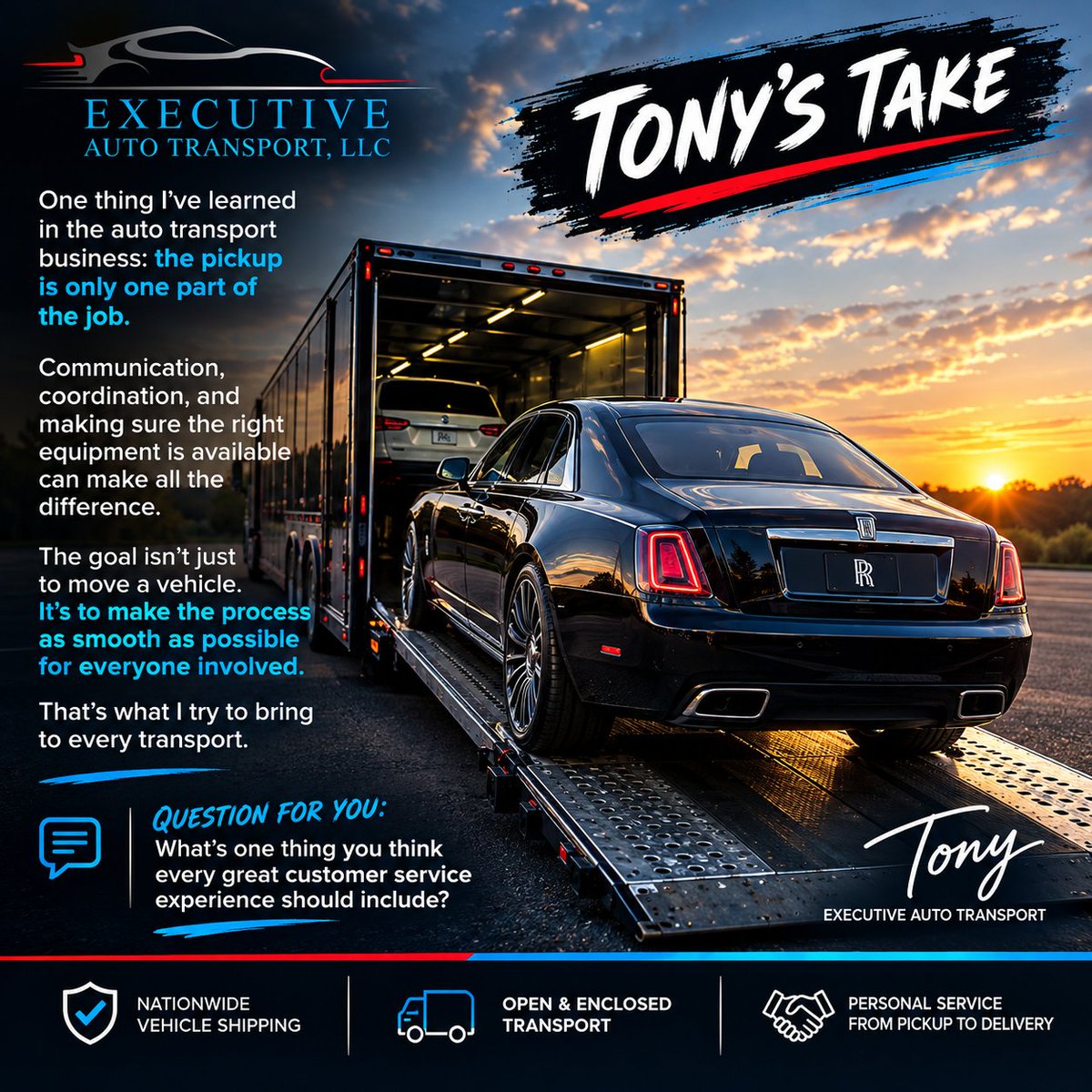 ExecutiveAuto_T's tweet photo. 🚘 Tony’s Take
In this business, the little things matter. Communication, follow-through, and keeping people informed can make all the difference.
Curious to hear your thoughts 👇
What's the ONE thing that makes you trust a business enough to use them again?
#TonysTake #Execu https://t.co/mECr5nHljP