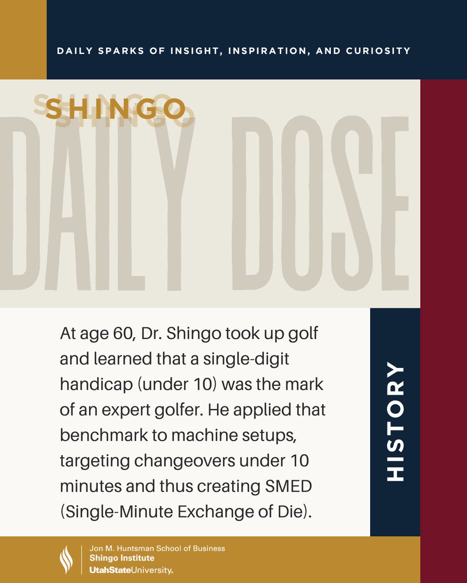 ShingoPrize's tweet photo. Daily Dose: History ⛳️
At age 60, Dr. Shingo took up golf & learned a single-digit handicap (<10) marked an expert.
He applied that "under 10" rule to machine setups, creating SMED (Single-Minute Exchange of Die)!
🔗 Read more: https://t.co/Hpg7pr9KTW
#DailyDose #OpEx #Lean https://t.co/aq2T8iwMqb
