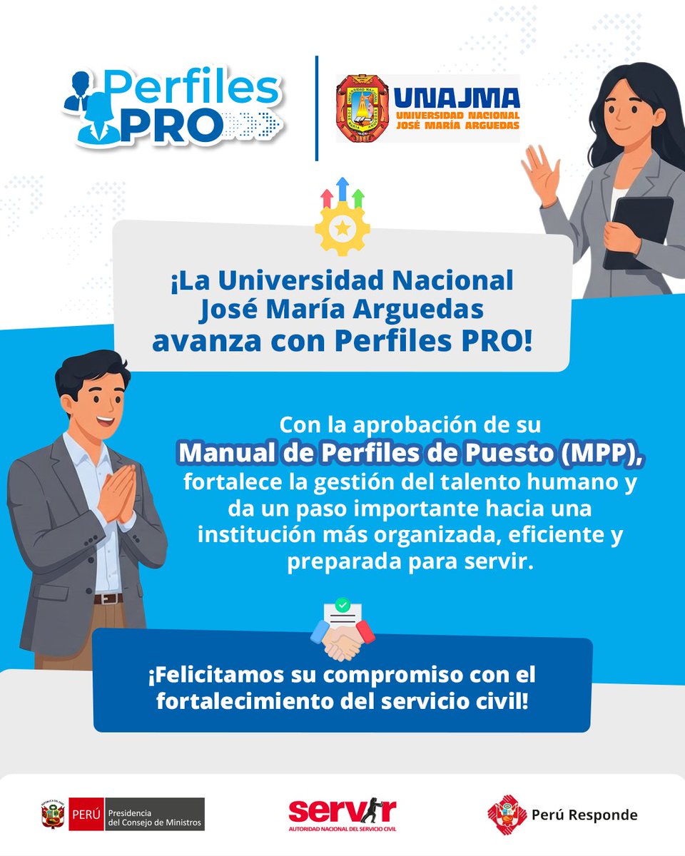 SERVIR_PERU's tweet photo. 🎉 ¡Felicitamos a la Universidad Nacional José María Arguedas!

💡 La aprobación de su Manual de Perfiles de Puesto  refleja su compromiso con la mejora continua de la gestión institucional y el fortalecimiento del servicio civil.

👉 Conoce más: https://t.co/1L1Q9TMZ38 https://t.co/DKn0u5R73N