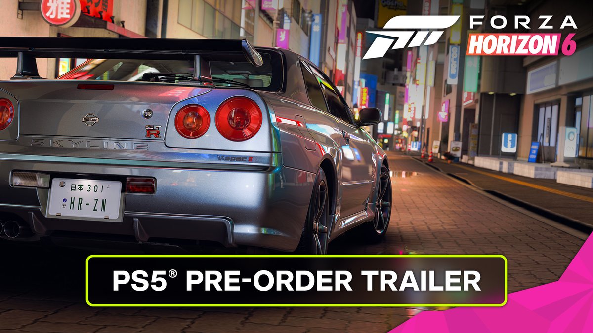 A promotional image for the 'Forza Horizon 6 PS5 Pre-Order Trailer' featuring a silver Nissan Skyline GT-R parked on a neon-lit Japanese city street at night.
