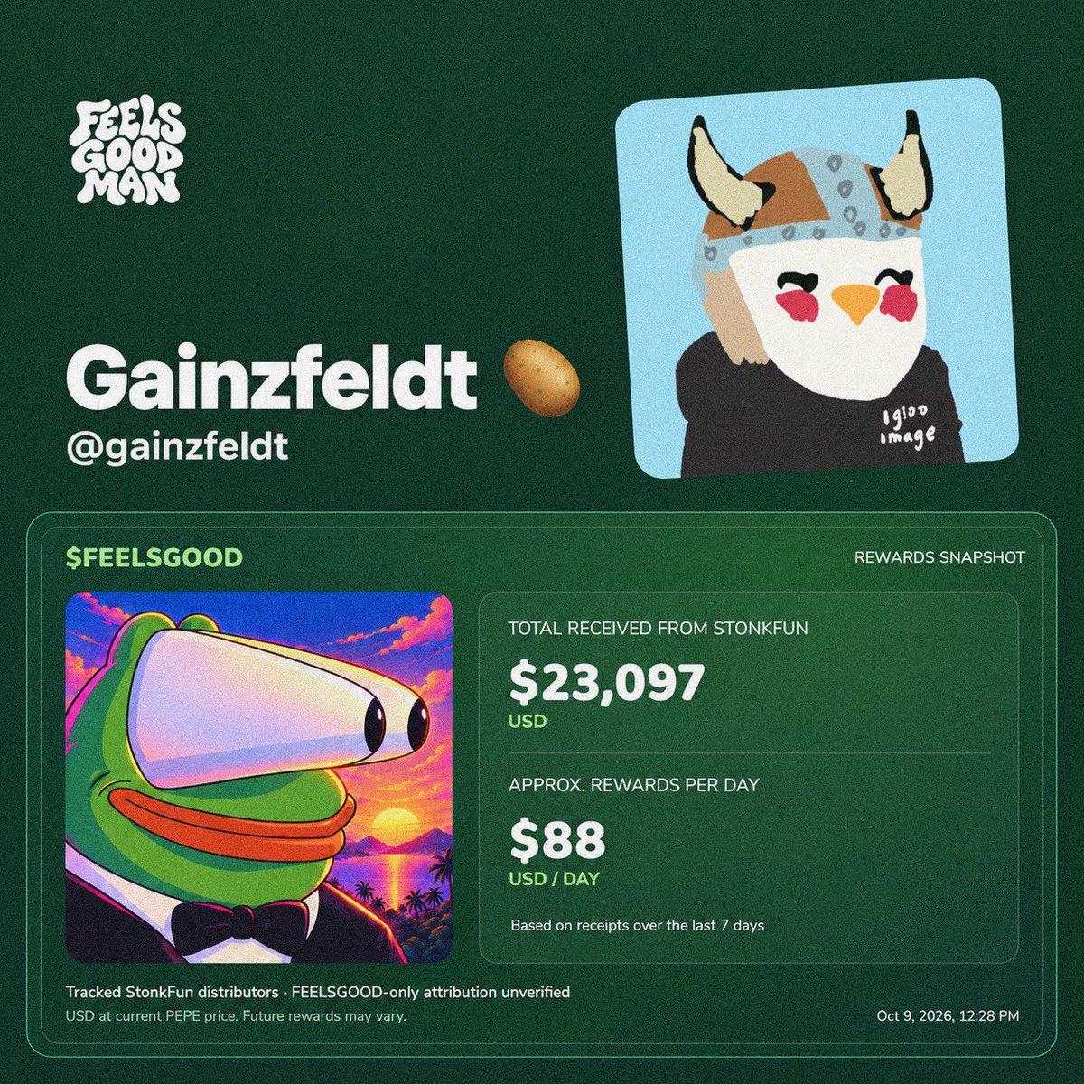 FeelsGoodSF's tweet photo. 🚨COMMUNITY SPOTLIGHT🚨

Holder @gainzfeldt's $PEPE rewards are now worth over $23,000 (5.8 billion $PEPE)

All of it came from holding $FEELSGOOD

That’s gotta feel good man https://t.co/7HNg7lUd98