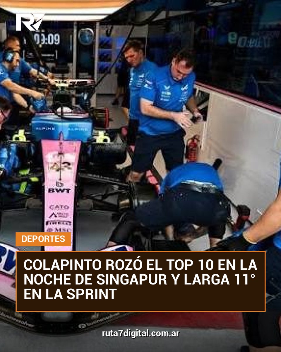 Ruta7Digital's tweet photo. Con un rendimiento de menor a mayor en el trazado de Marina Bay, el piloto argentino metió un vuelco sobre el final de la clasificación y quedó a un suspiro de la SQ3. Este sábado va por los puntos.
#Ruta7Digital #Formula1  #AlpineF1  #FrancoColapinto

https://t.co/LFVdwWTjb5 https://t.co/gpPdU10GIU