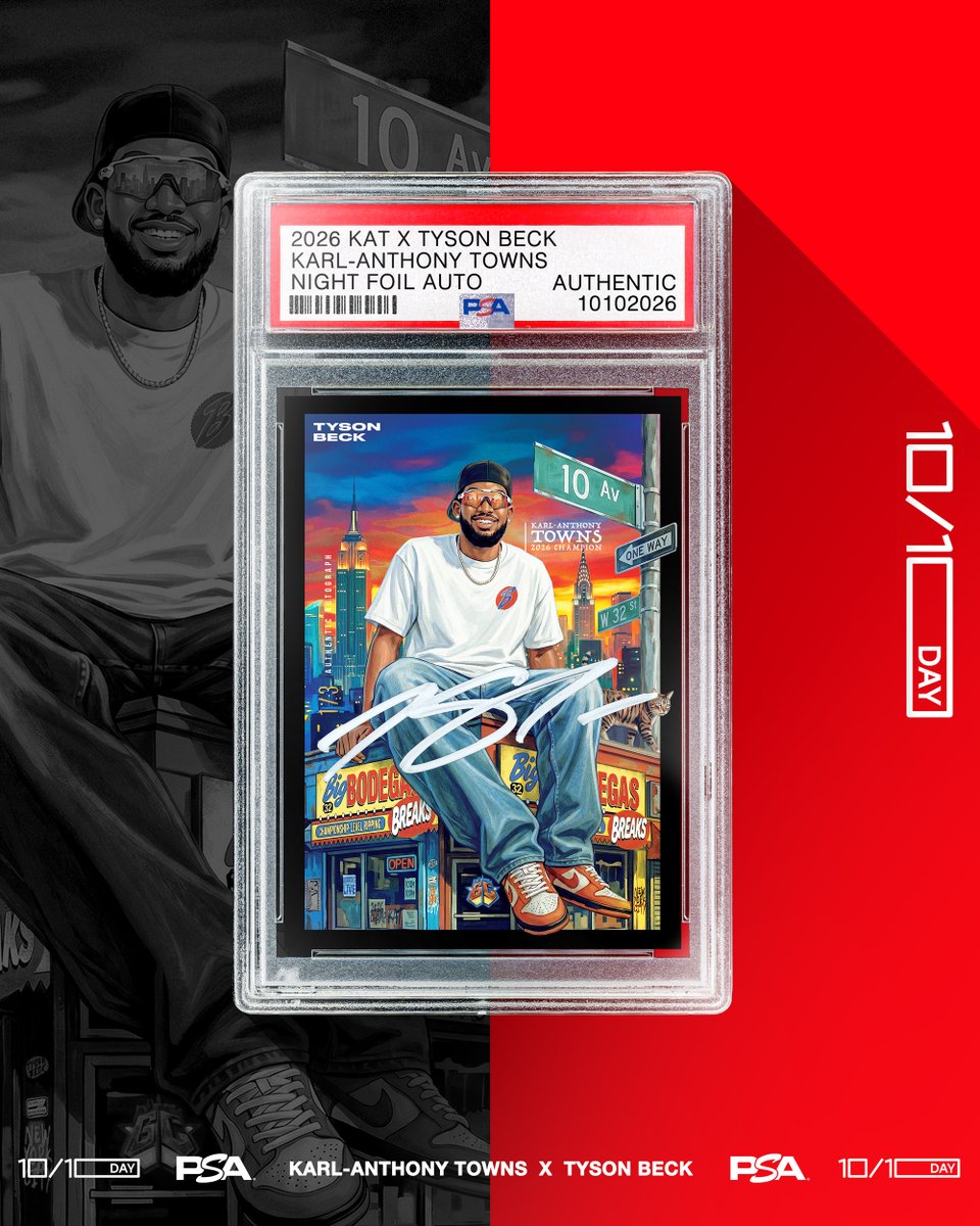 tysonbeckdesign's tweet photo. Exclusive Drop tomorrow for 10/10 day 🏆 A new Limited Edition Karl-Anthony Towns X Tyson Beck card is coming exsclusive to @PSAcard 

Visit the PSA Team Store - https://t.co/ZIYraeyCOt on October 10 to pick up blind boxes featuring a Limited Edition, Authenticated Card of the 2026 champion.

- Authenticated Cards Slabbed by PSA - Limited to 500 total
- Serial-Numbered Parallels + Autographs To Chase
- Gold Foil 1/1 Autograph Inscription
- Officially Licensed Trading Card of Karl-Anthony Towns

@KarlTowns  x @tysonbeckdesign  @bigbodegasbreak