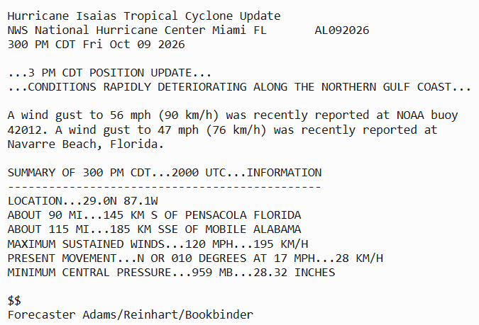 NHC_Atlantic's tweet photo. 3 PM CDT Friday Oct 9 Update:  Conditions rapidly deteriorating along the northern Gulf Coast.  Follow the latest on #Isaias at https://t.co/GrztW6nozt https://t.co/hip2rvaFQ2