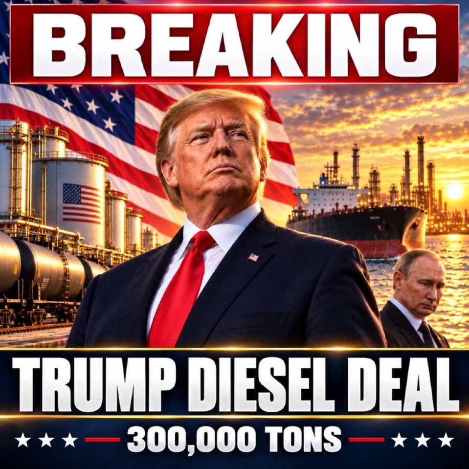 DanScavinoTNews's tweet photo. Trump just did what the foreign policy geniuses swore could never happen.

After a highly successful call with Vladimir Putin, Russia is set to immediately supply more than 300,000 tons of diesel fuel to the U.S. and global markets.

While the weak talk, Trump gets results. https://t.co/N4wtB4yZp5