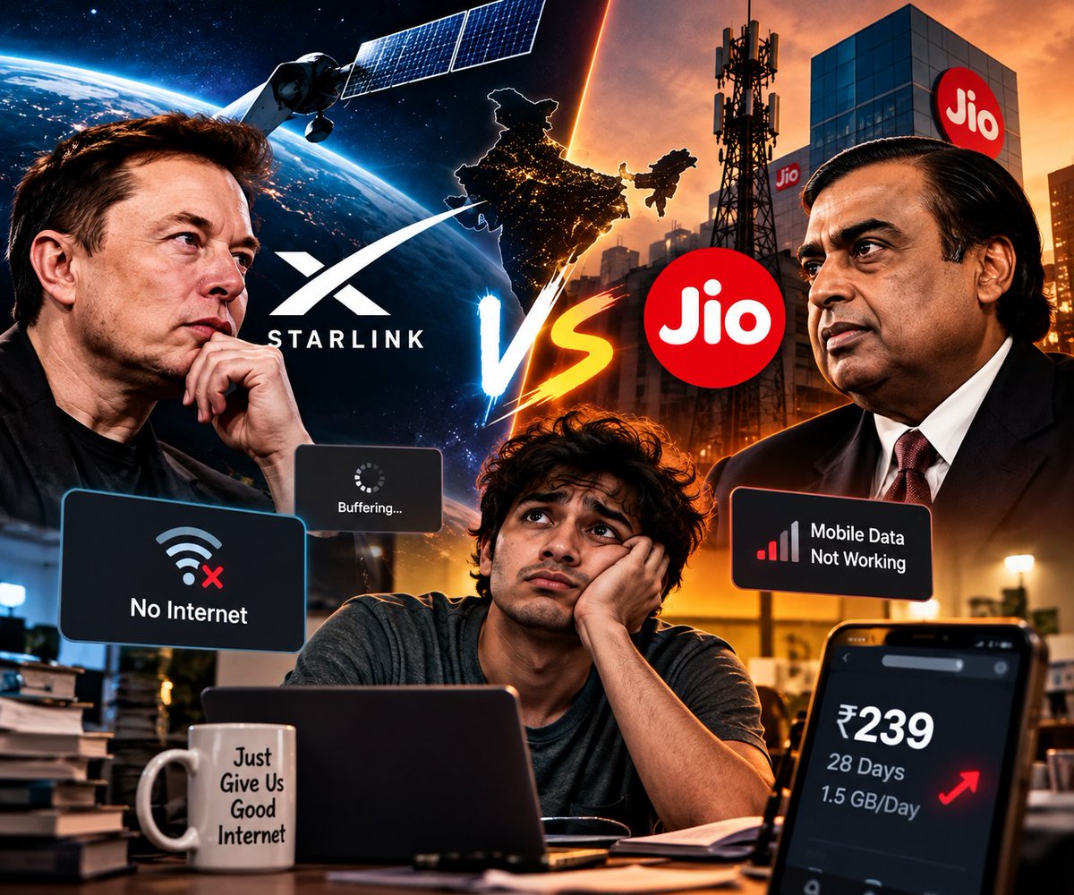 OnchainAtlas_'s tweet photo. Elon Musk vs Mukesh Ambani over India's internet market. 🍿🇮🇳

🚀 Elon: Bringing Starlink to India.
📡 Ambani: Already connected millions through Jio.

Meanwhile, the average Indian:

• Wi-Fi stops working during an important meeting.
• Mobile data disappears the moment you open YouTube.
• The recharge price goes up, but your salary doesn't. 💀

Two billionaires discussing the future of connectivity.

Millions of us just want one thing:

Unlimited internet, zero buffering, and affordable recharge plans. 😭📶

Who's winning this battle? 👀