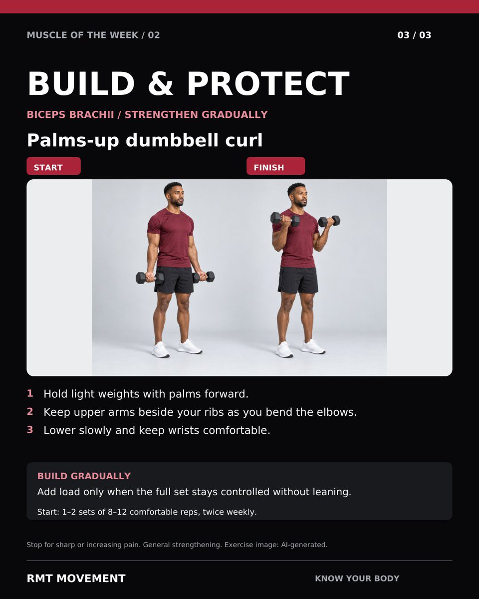 rmt_movement's tweet photo. Your biceps bends the elbow AND turns the palm upward. Keep curls controlled and your upper arms near your ribs. Swinging to finish? Try less weight. #RMTMovement https://t.co/QWScSnEVbB