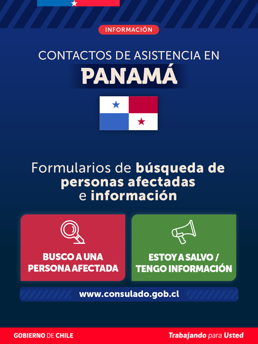 Minrel_Chile's tweet photo. Ante la emergencia que afecta a Panamá, el Ministerio de Relaciones Exteriores ha habilitado los siguientes formularios para facilitar la búsqueda, localización y reporte de ciudadanos chilenos que pudieran verse afectados.

🔗 https://t.co/yPS4IVkI0V https://t.co/sitFXiaU1n