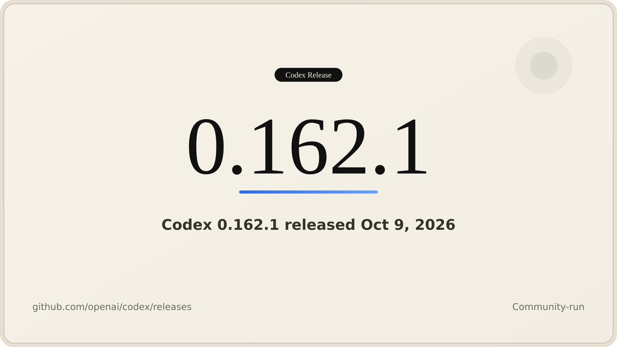 CodexReleases's tweet photo. Codex CLI 0.162.1 is out!

Highlights:
- Fixes a TUI crash when asynchronous questions contain multiple lines
- Fixes startup failures caused by background server feature settings differing from CLI defaults

Complete details in thread ↓ https://t.co/whxWCewGJf