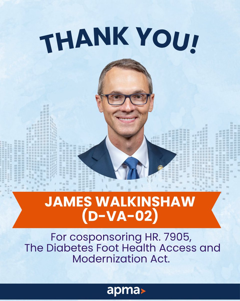 APMA's tweet photo. Thank you @Rep_Walkinshaw for cosponsoring H.R. 7905, the Diabetes Foot Health Access and Modernization Act, which would reduce Medicare documentation burdens for therapeutic shoes and establish Medicaid coverage parity for podiatrists! #DiabetesCare https://t.co/j4phejkwTX