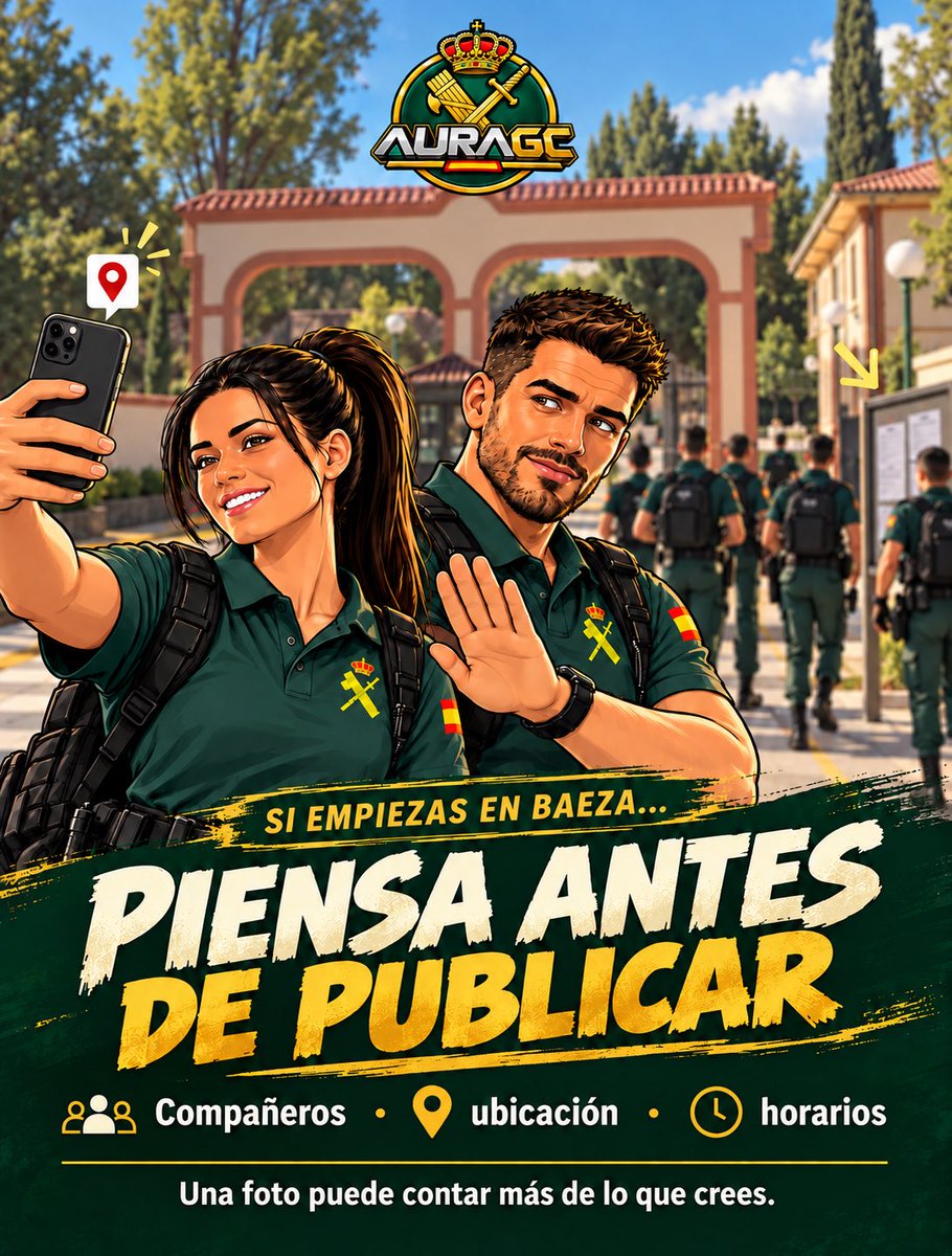 AURAGCsimulacro's tweet photo. 📱 Si empiezas en Baeza, este consejo va contigo: antes de publicar, revisa qué se ve, quién aparece y qué información estás compartiendo.

Disfruta de esta etapa. Cuida tu privacidad y la de tus compañeros. 💚

#ConsejosGC #GuardiaCivil #Baeza https://t.co/aBkB0xYkJZ