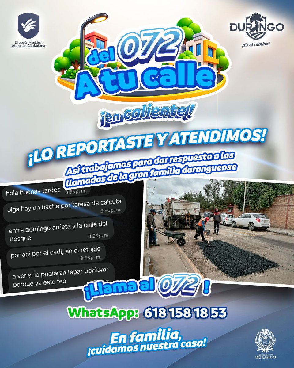DurangoCap's tweet photo. ¡Lo reportaste y atendimos! 🚧

En Durango, escuchamos y resolvemos en caliente. A través del 072 recibimos tu reporte y nuestras cuadrillas lo atienden.

¡Avanzamos dando respuesta a la gran familia! 
#EsteEsElCamino 🐺 https://t.co/ItTous9mpu