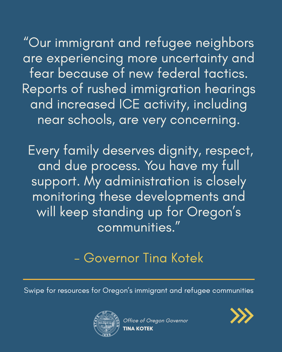 GovTinaKotek's tweet photo. Our immigrant and refugee neighbors are experiencing more uncertainty and fear because of new federal tactics. My administration is closely monitoring these developments and will keep standing up for Oregon’s communities.  
For more information visit: https://t.co/GGilNQ3qvX https://t.co/q401yiGiL0