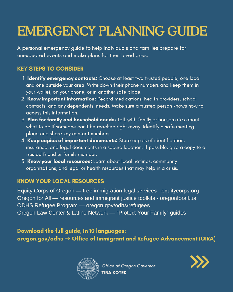 GovTinaKotek's tweet photo. Our immigrant and refugee neighbors are experiencing more uncertainty and fear because of new federal tactics. My administration is closely monitoring these developments and will keep standing up for Oregon’s communities.  
For more information visit: https://t.co/GGilNQ3qvX https://t.co/q401yiGiL0