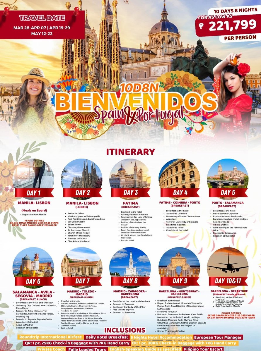 19Tess89's tweet photo. Spain &amp; Portugal await on an unforgettable 11D9N journey through Lisbon, Fatima, Porto, Madrid, Barcelona and more. From ₱221, 799/pax. Departures in March, April &amp; May 2027. Reserve with a ₱50, 000/pax deposit. https://t.co/5zfQCB4vxx