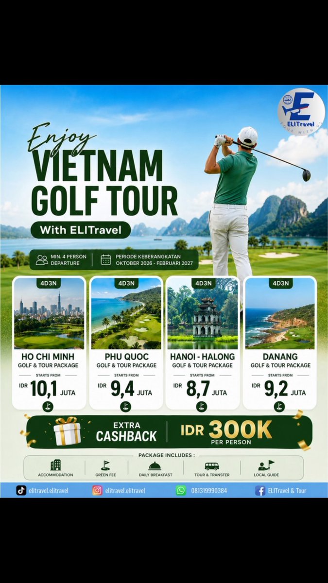 blackwoodd's tweet photo. Golf di Vietnam, sekalian healing? Nikmati golf, kuliner, dan wisata dalam satu perjalanan. Paket Golf &amp; Tour 4D3N
Ho Chi Minh mulai IDR 10, 1 juta
Phu Quoc mulai IDR 9, 4 juta
Hanoi–Halong mulai IDR 8, 7 juta
Danang mulai IDR 9, 2 juta

Cashback https://t.co/0cNEvYBaJk